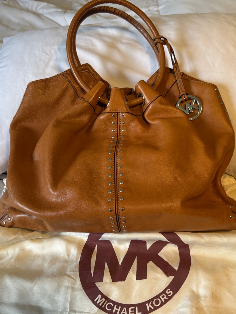 Michael Kors Cognac Leather Shoulder Tote with Stud Accents